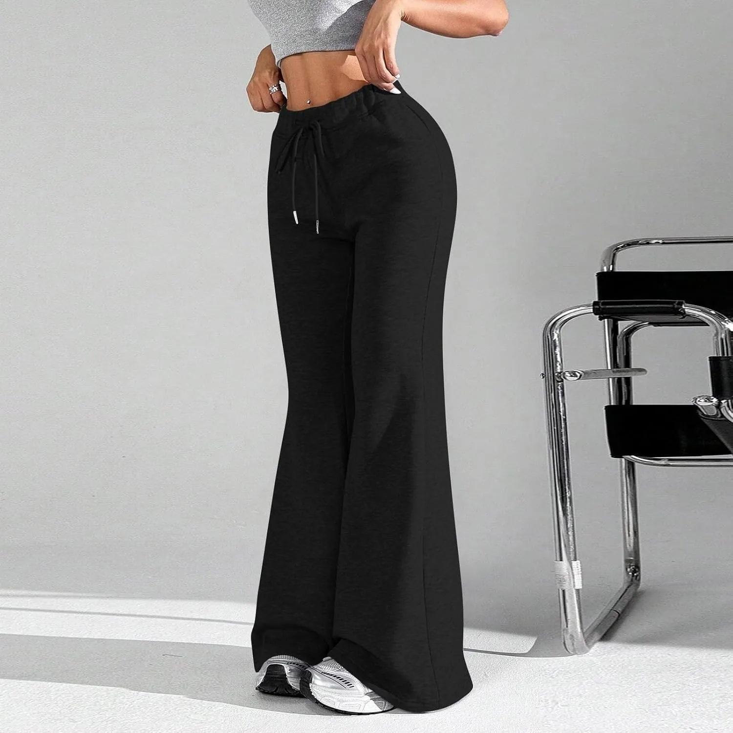 Fleece Lined Sweatpants Women Y2k Flare Wide Leg Yoga Pants with Pockets Loose Fit Elastic High Waisted Track Pants