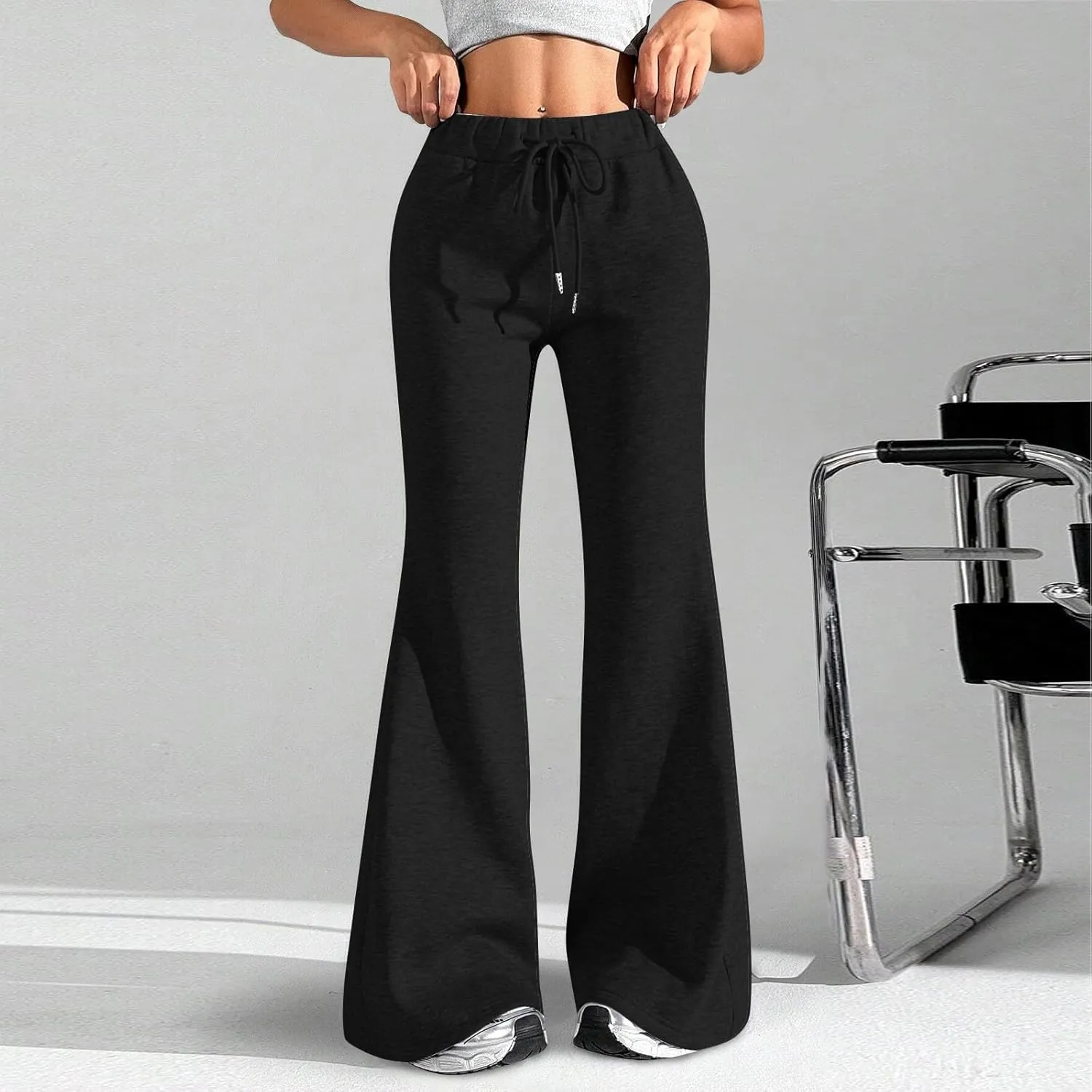 Fleece Lined Sweatpants Women Y2k Flare Wide Leg Yoga Pants with Pockets Loose Fit Elastic High Waisted Track Pants