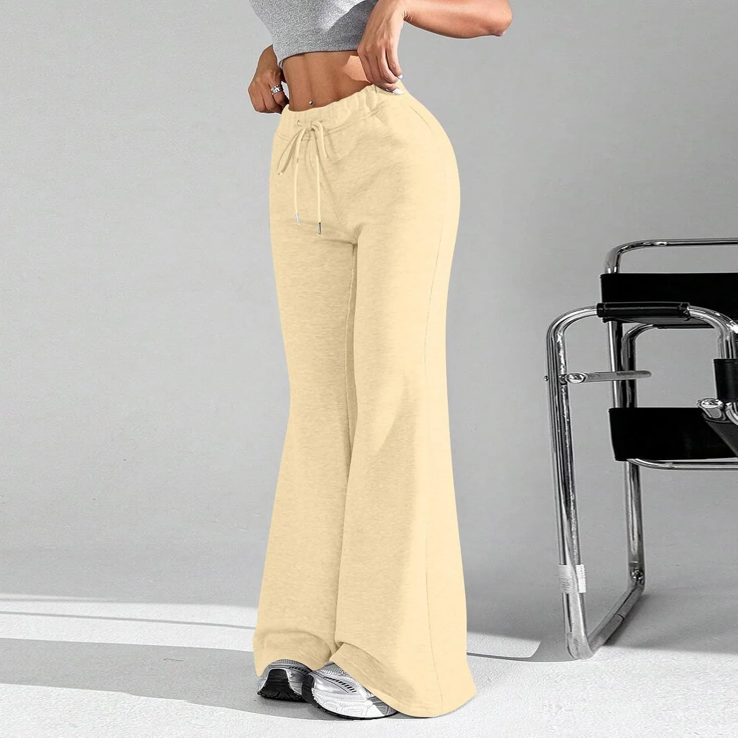 Fleece Lined Sweatpants Women Y2k Flare Wide Leg Yoga Pants with Pockets Loose Fit Elastic High Waisted Track Pants