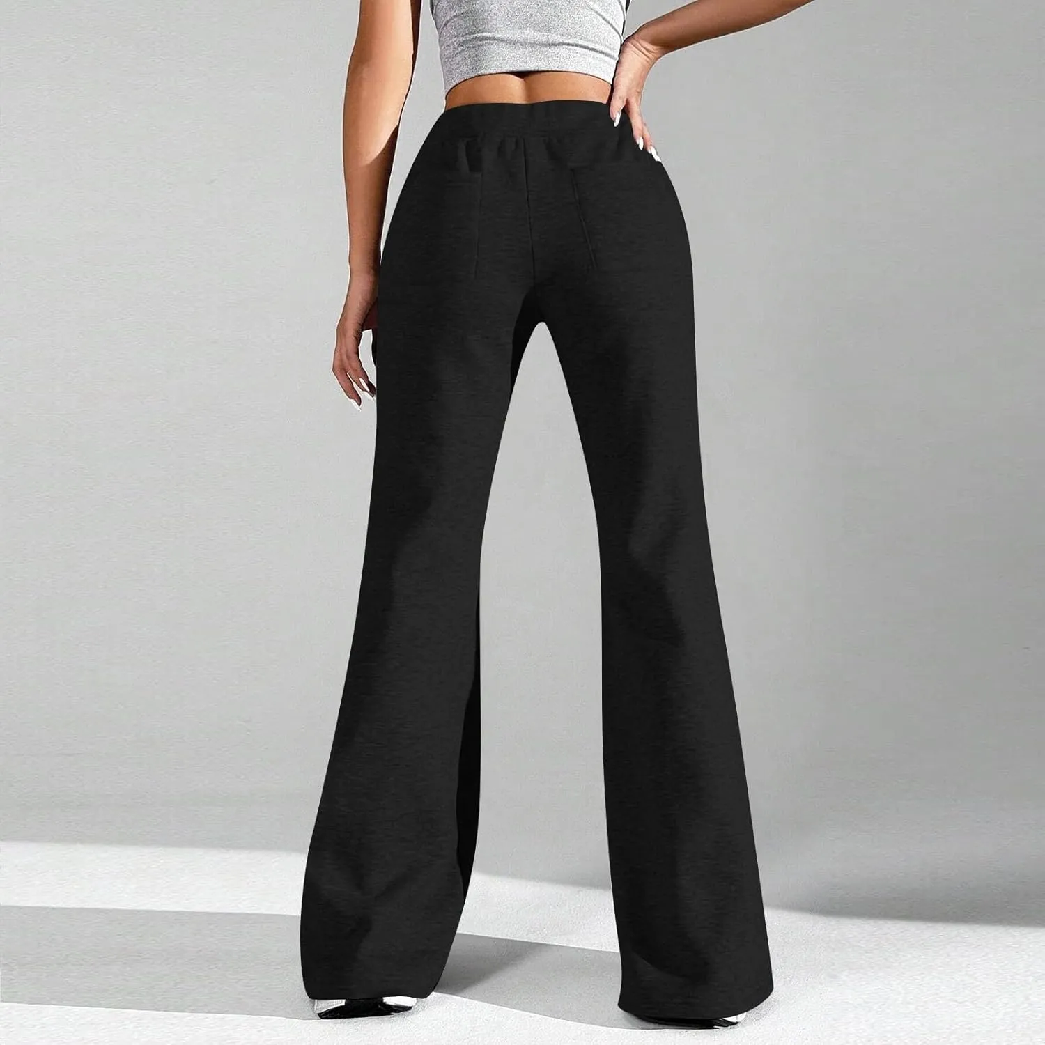 Fleece Lined Sweatpants Women Y2k Flare Wide Leg Yoga Pants with Pockets Loose Fit Elastic High Waisted Track Pants