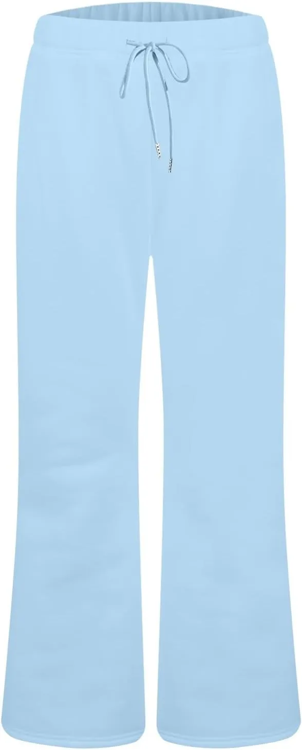 Fleece Lined Sweatpants Women Y2k Flare Wide Leg Yoga Pants with Pockets Loose Fit Elastic High Waisted Track Pants
