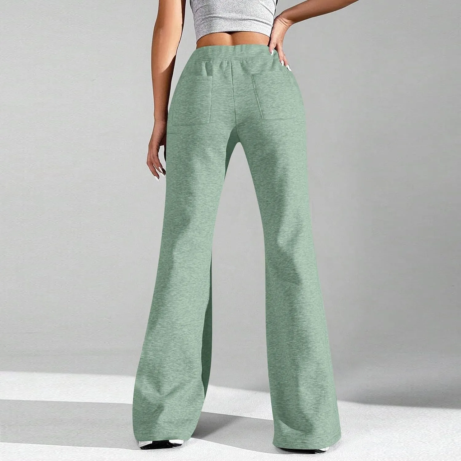 Fleece Lined Sweatpants Women Y2k Flare Wide Leg Yoga Pants with Pockets Loose Fit Elastic High Waisted Track Pants