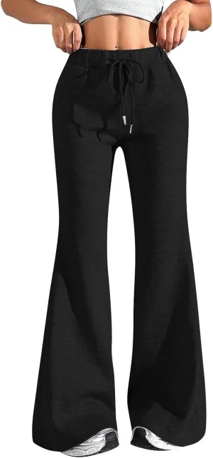 Fleece Lined Sweatpants Women Y2k Flare Wide Leg Yoga Pants with Pockets Loose Fit Elastic High Waisted Track Pants