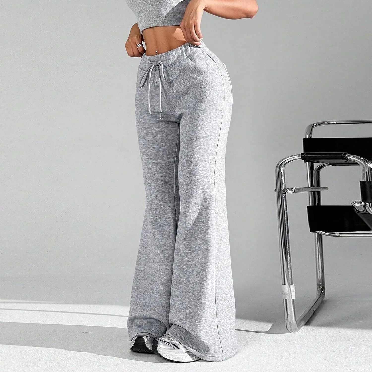 Fleece Lined Sweatpants Women Y2k Flare Wide Leg Yoga Pants with Pockets Loose Fit Elastic High Waisted Track Pants
