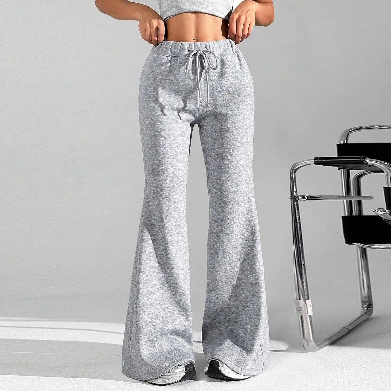 Fleece Lined Sweatpants Women Y2k Flare Wide Leg Yoga Pants with Pockets Loose Fit Elastic High Waisted Track Pants
