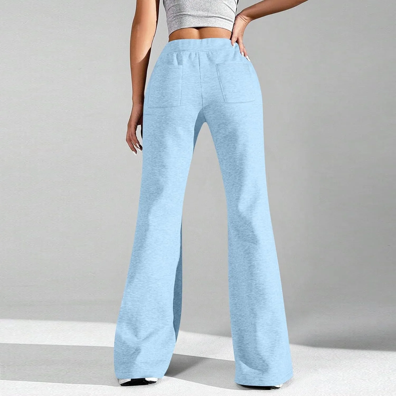 Fleece Lined Sweatpants Women Y2k Flare Wide Leg Yoga Pants with Pockets Loose Fit Elastic High Waisted Track Pants