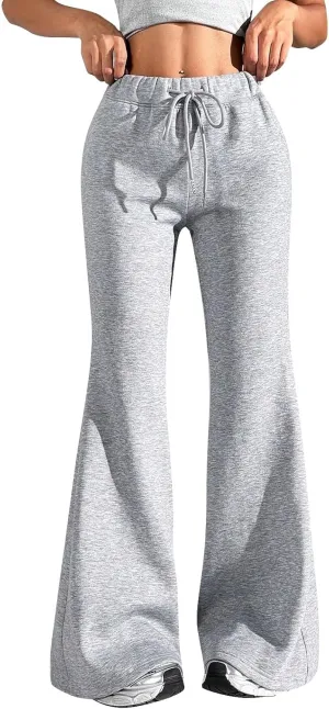 Fleece Lined Sweatpants Women Y2k Flare Wide Leg Yoga Pants with Pockets Loose Fit Elastic High Waisted Track Pants