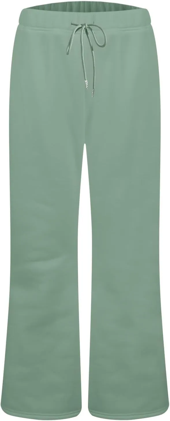 Fleece Lined Sweatpants Women Y2k Flare Wide Leg Yoga Pants with Pockets Loose Fit Elastic High Waisted Track Pants