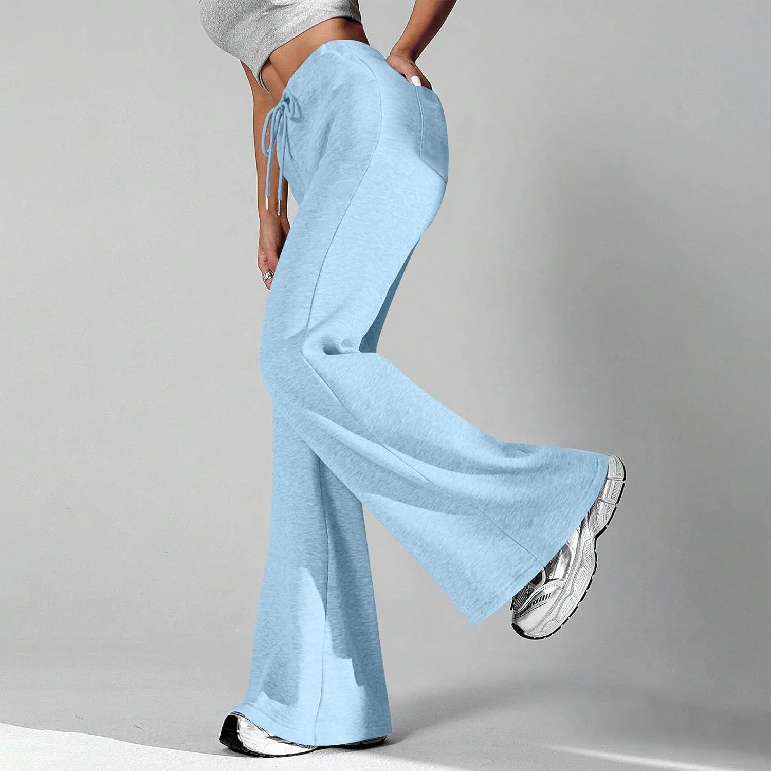 Fleece Lined Sweatpants Women Y2k Flare Wide Leg Yoga Pants with Pockets Loose Fit Elastic High Waisted Track Pants