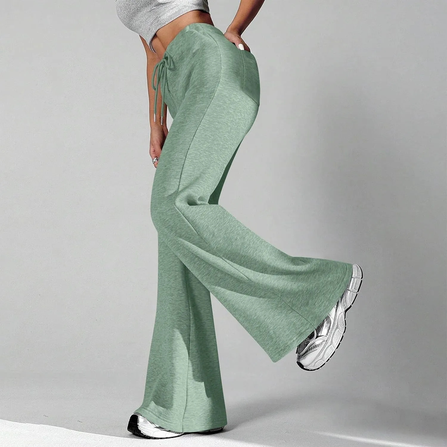 Fleece Lined Sweatpants Women Y2k Flare Wide Leg Yoga Pants with Pockets Loose Fit Elastic High Waisted Track Pants