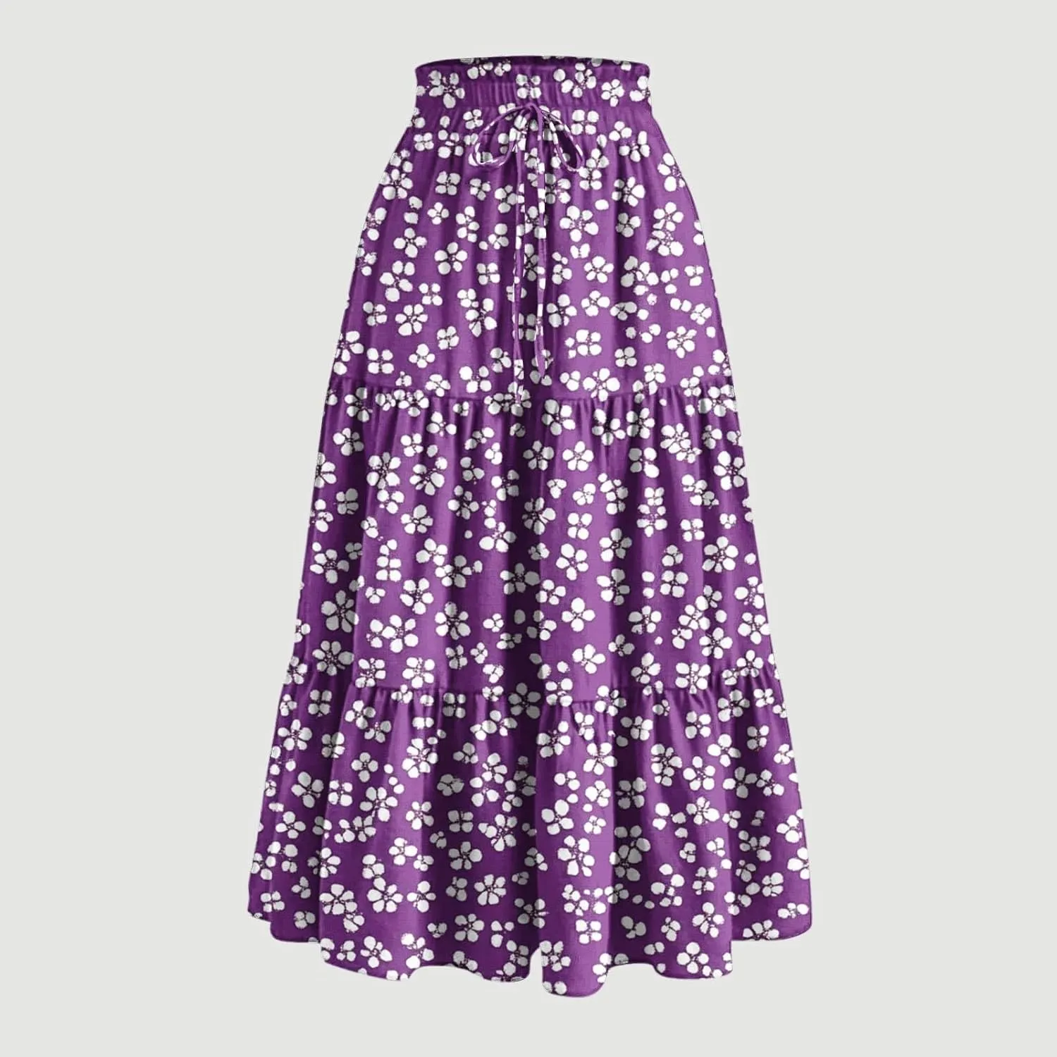 Flowy Boho Midi Skirts for Women Casual Elastic High Waisted Floral Printed Pleated Tiered Wrap A Line Skirt