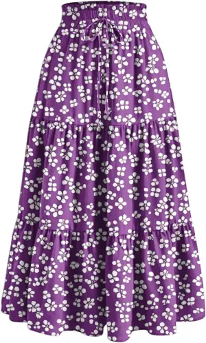 Flowy Boho Midi Skirts for Women Casual Elastic High Waisted Floral Printed Pleated Tiered Wrap A Line Skirt