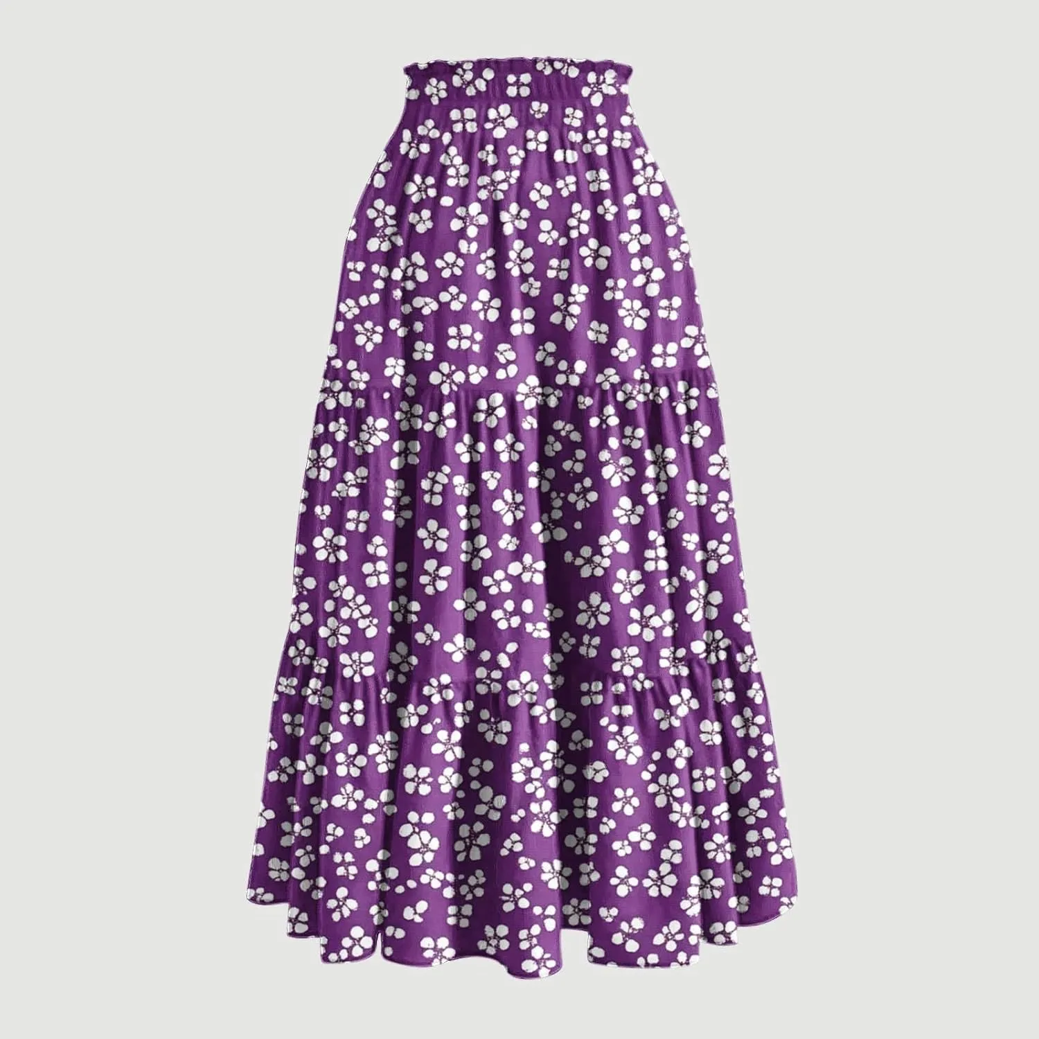 Flowy Boho Midi Skirts for Women Casual Elastic High Waisted Floral Printed Pleated Tiered Wrap A Line Skirt