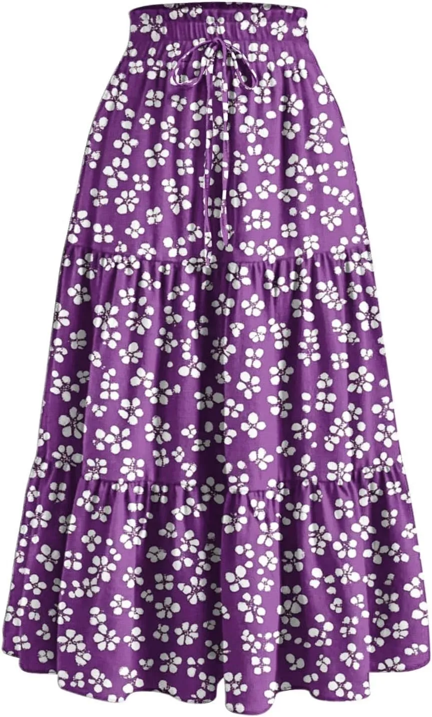 Flowy Boho Midi Skirts for Women Casual Elastic High Waisted Floral Printed Pleated Tiered Wrap A Line Skirt