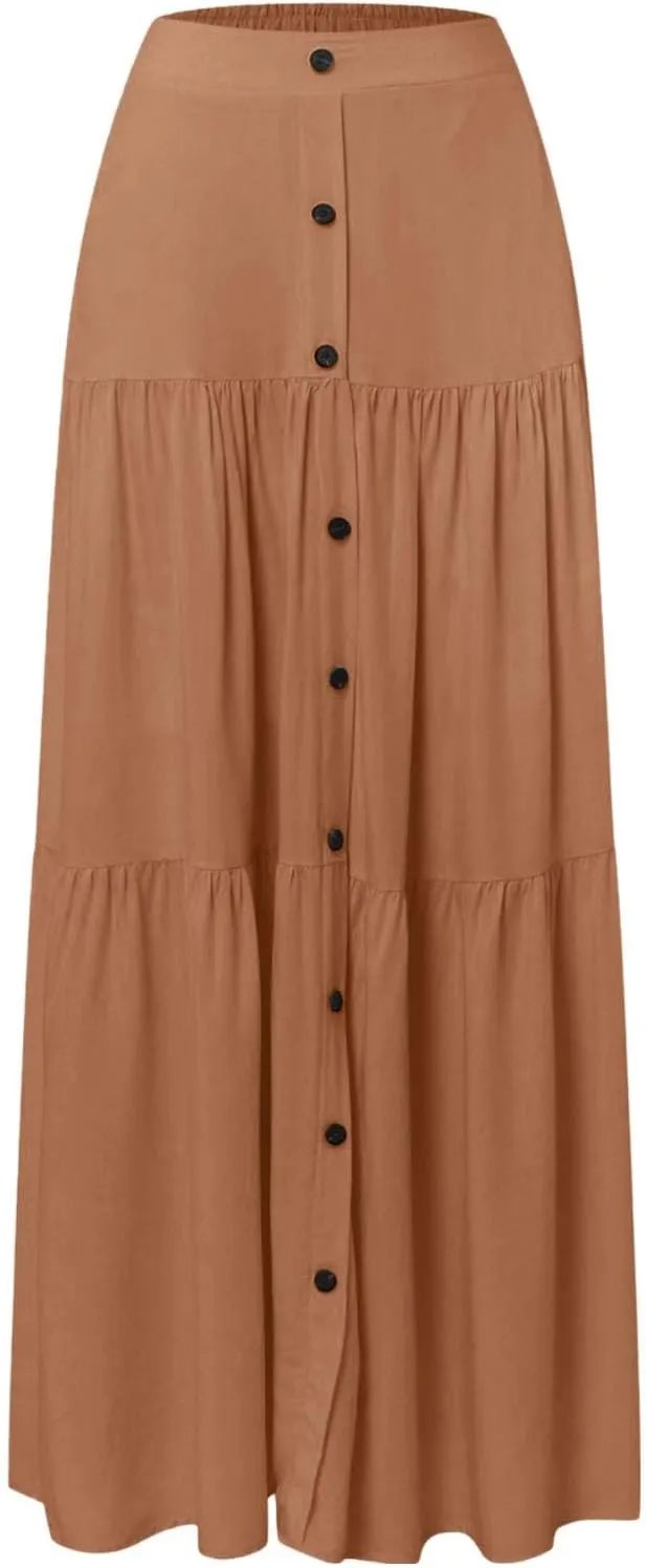 Flowy Skirts for Women Front Button High Waist Tummy Control Solid Pleated A-Line Casual Summer Skirts for Vacation