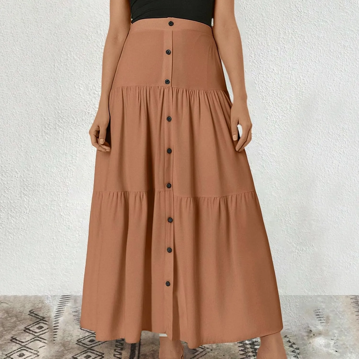 Flowy Skirts for Women Front Button High Waist Tummy Control Solid Pleated A-Line Casual Summer Skirts for Vacation