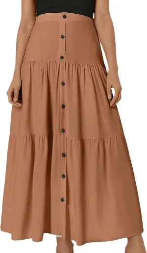 Flowy Skirts for Women Front Button High Waist Tummy Control Solid Pleated A-Line Casual Summer Skirts for Vacation