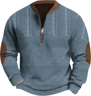 FONMA Men's Western Sweatshirts Fall Winter Knit Printed 1/4 Zip-Up Sweatshirt Casual Loose Fit Athletic Shirt
