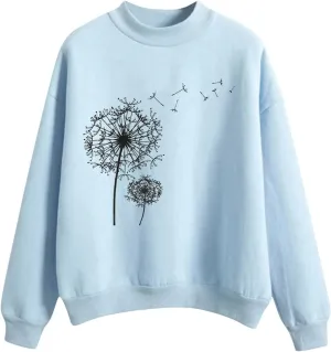 GIERIDUC Women's Casual Fashion Sweatshirts Oversized 2024 Fall Winter Long Sleeve Dandelion Printed Crew Neck Pullover Tops