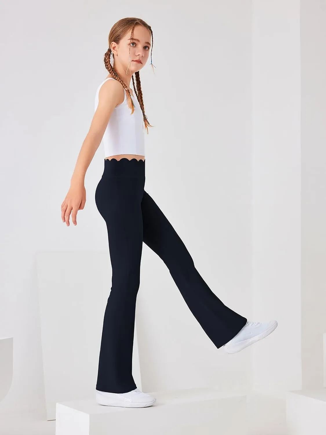 Girls Flared Pants Scallop Waist Yoga Pants Workout Running Leggings