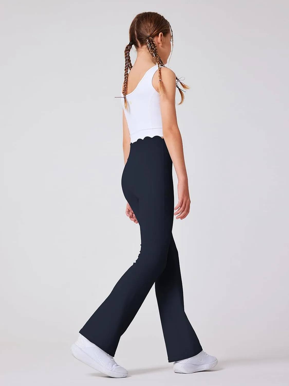 Girls Flared Pants Scallop Waist Yoga Pants Workout Running Leggings