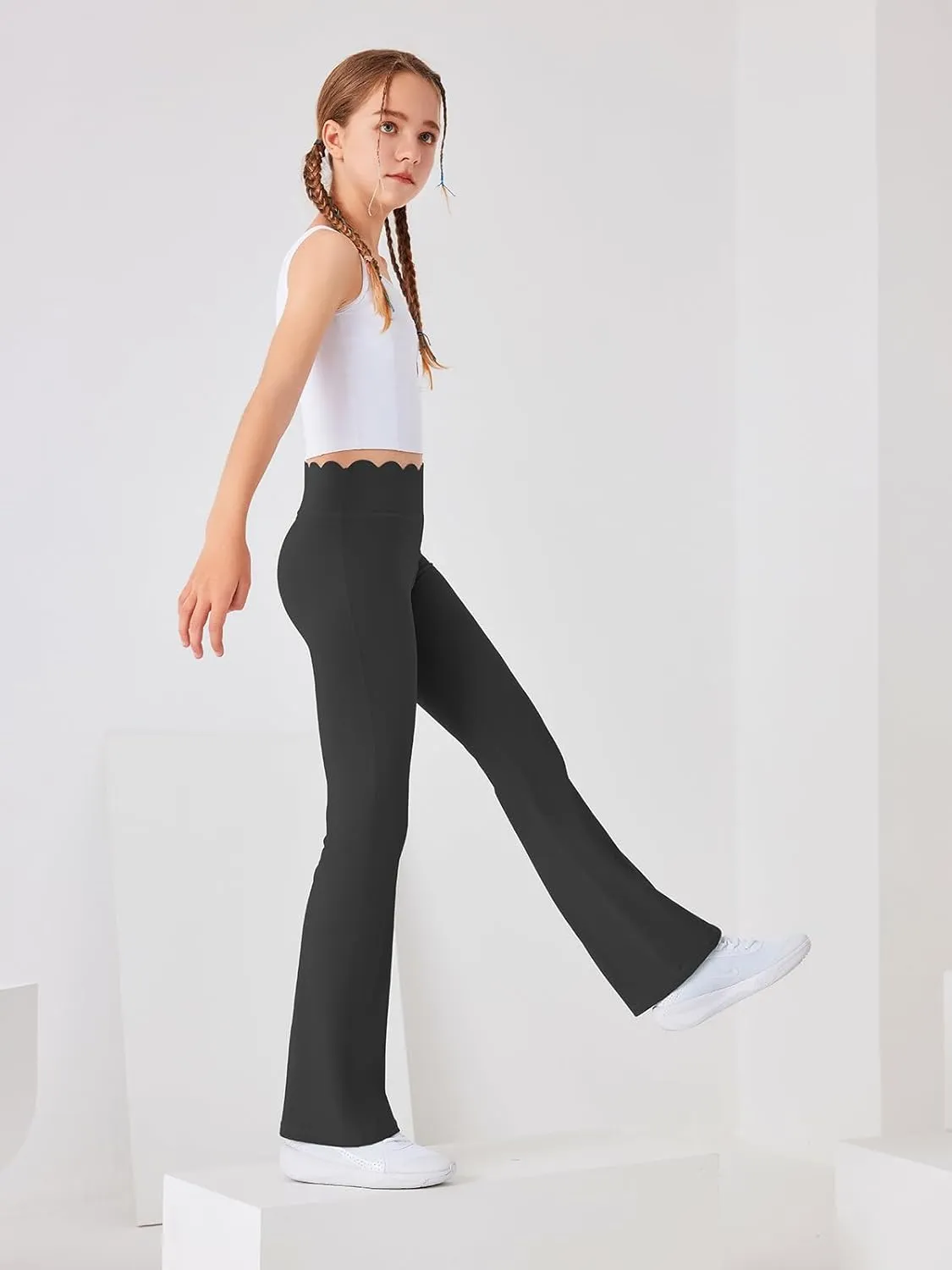 Girls Flared Pants Scallop Waist Yoga Pants Workout Running Leggings