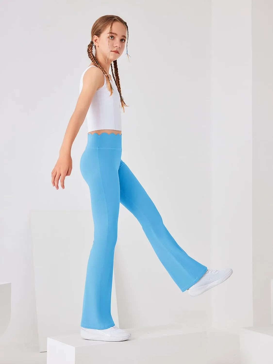 Girls Flared Pants Scallop Waist Yoga Pants Workout Running Leggings