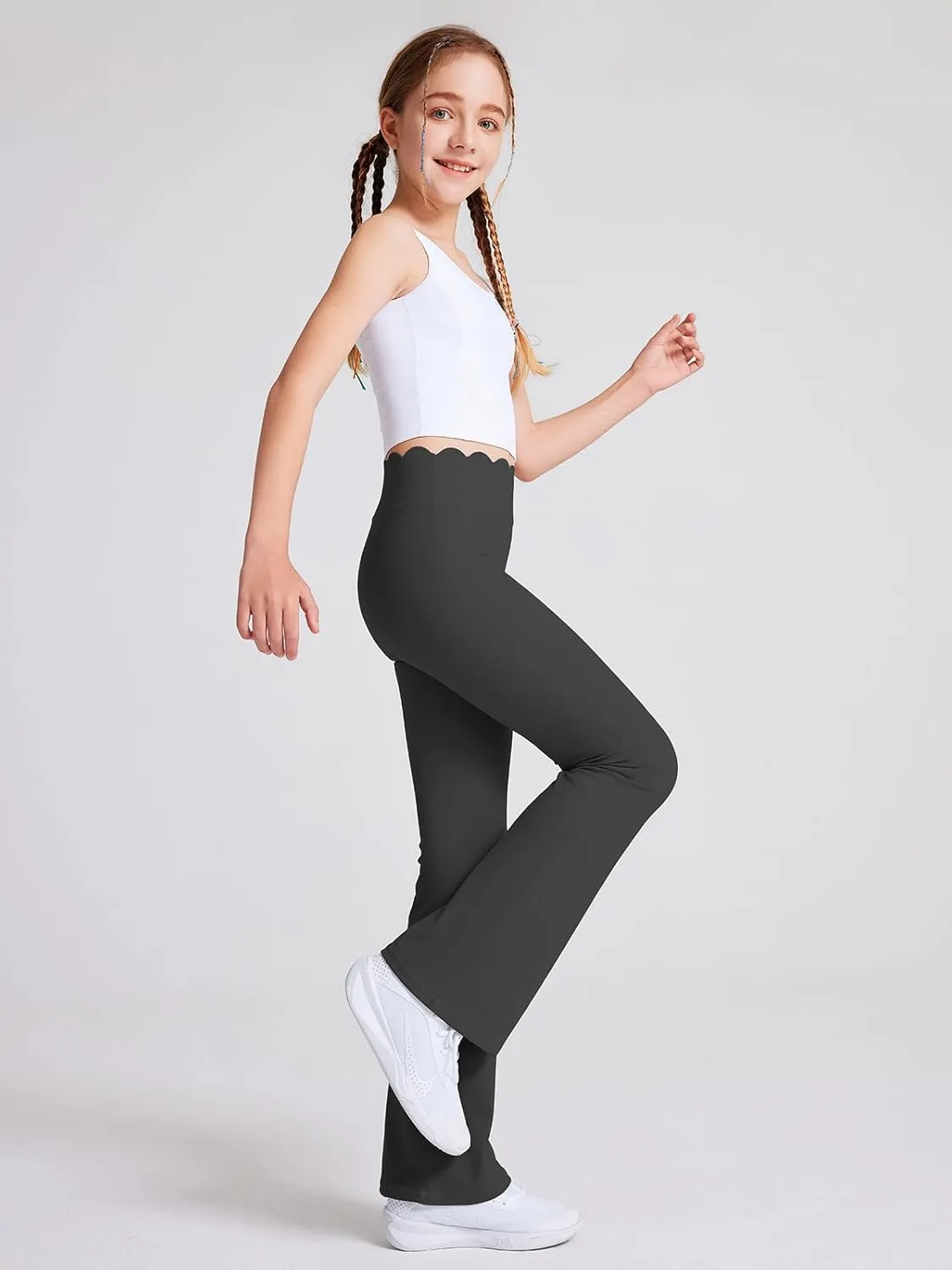 Girls Flared Pants Scallop Waist Yoga Pants Workout Running Leggings