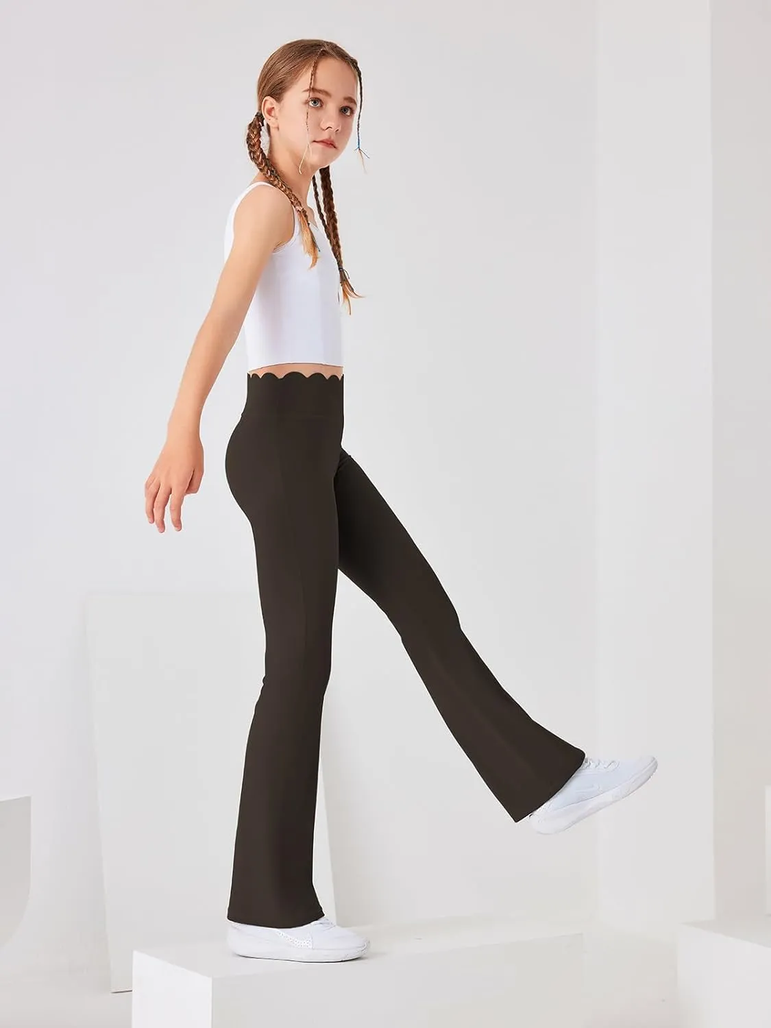 Girls Flared Pants Scallop Waist Yoga Pants Workout Running Leggings