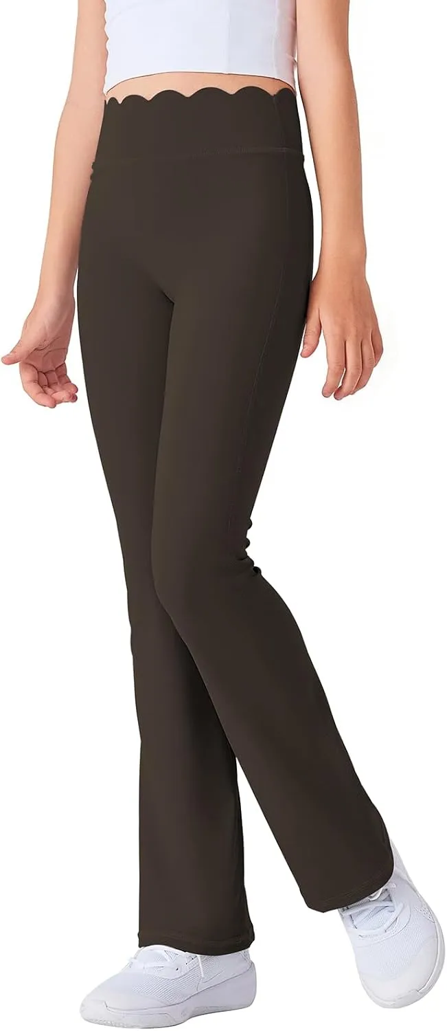 Girls Flared Pants Scallop Waist Yoga Pants Workout Running Leggings