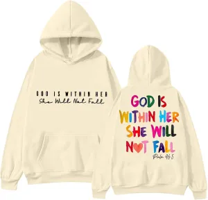 God is Within Her She Will Not Fall Jesus Hoodies for Women Teen Girls Trendy Oversized Graphic Christian Sweatshirt Pullover