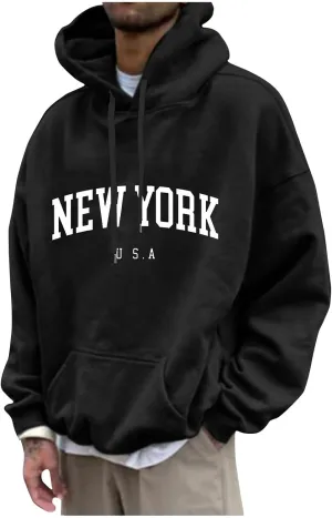 Graphic Hoodies for Men Letter Print Hoodies New York Country Sweatshirt Solid Long Sleeve Y2K Hoodie