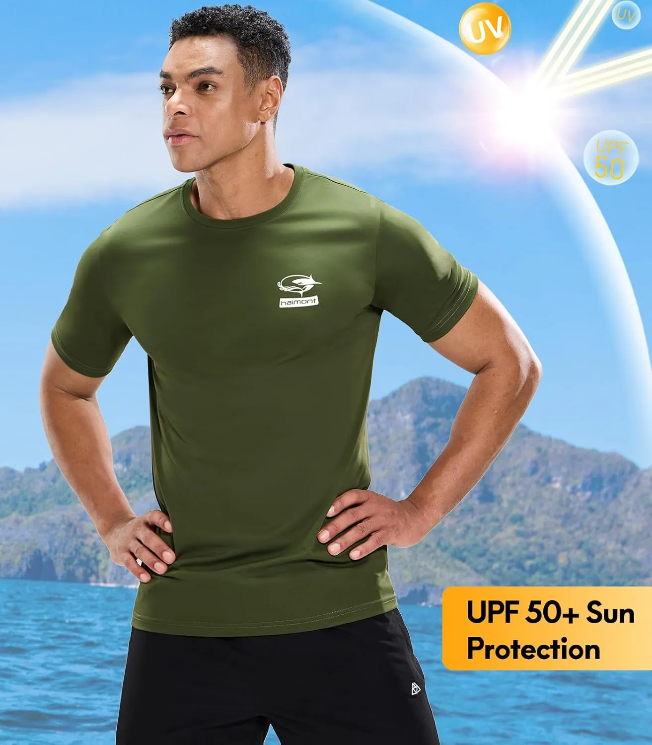 Haimont Men's UPF 50  Sun Protection Fishing Shirts Short Sleeve Quick Dry Swim T-Shirt UV Workout Athletic Tee Shirt