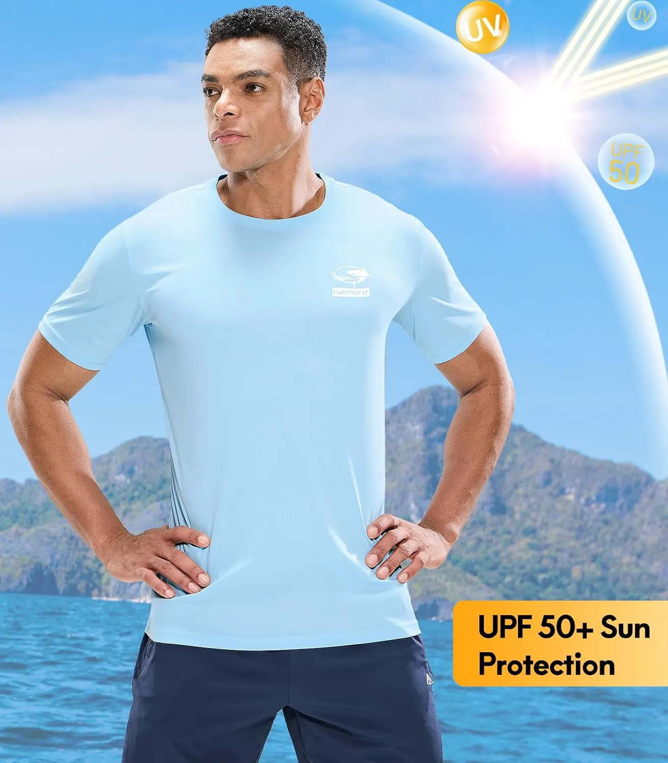 Haimont Men's UPF 50  Sun Protection Fishing Shirts Short Sleeve Quick Dry Swim T-Shirt UV Workout Athletic Tee Shirt