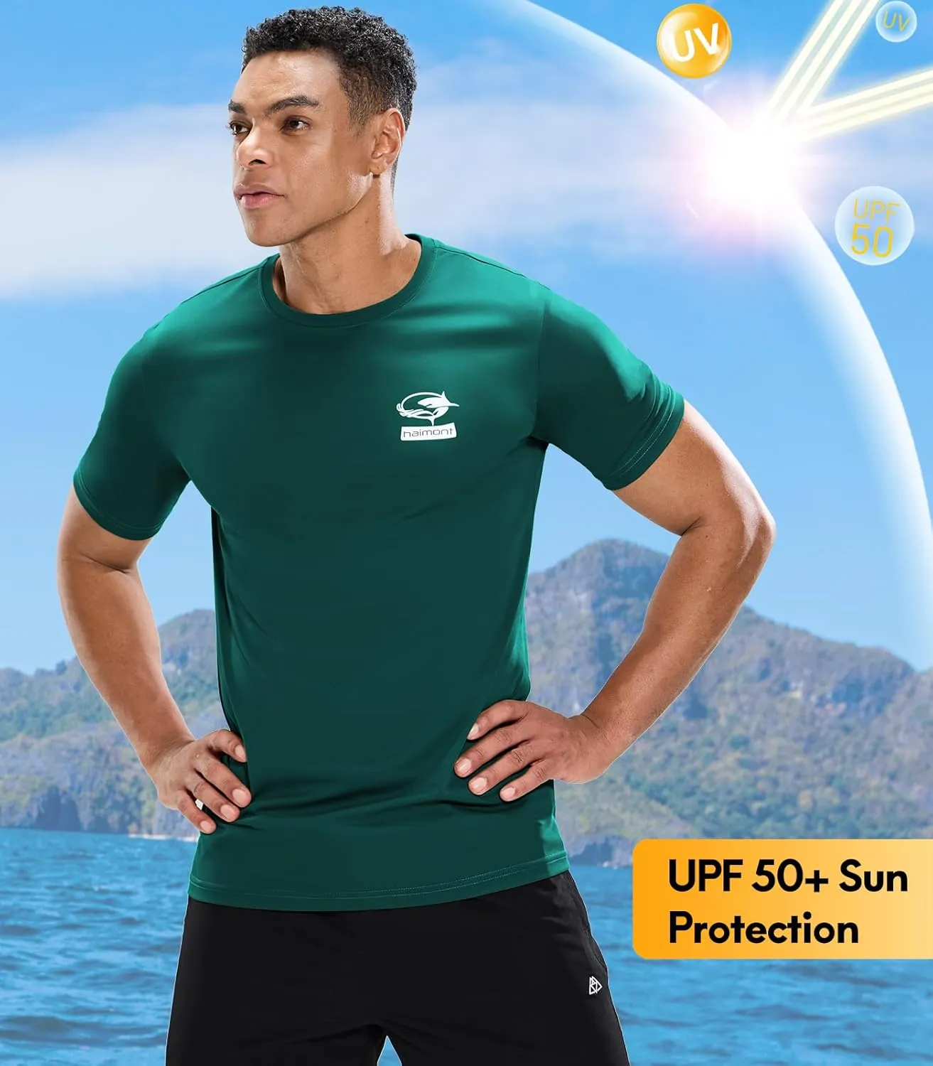 Haimont Men's UPF 50  Sun Protection Fishing Shirts Short Sleeve Quick Dry Swim T-Shirt UV Workout Athletic Tee Shirt