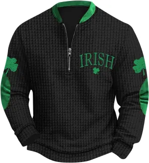 Half Zip St Patricks Day Sweatshirts For Mens Vintage Print Long Sleeve Causal V-Neck Pullover Fashion Irish Shirts
