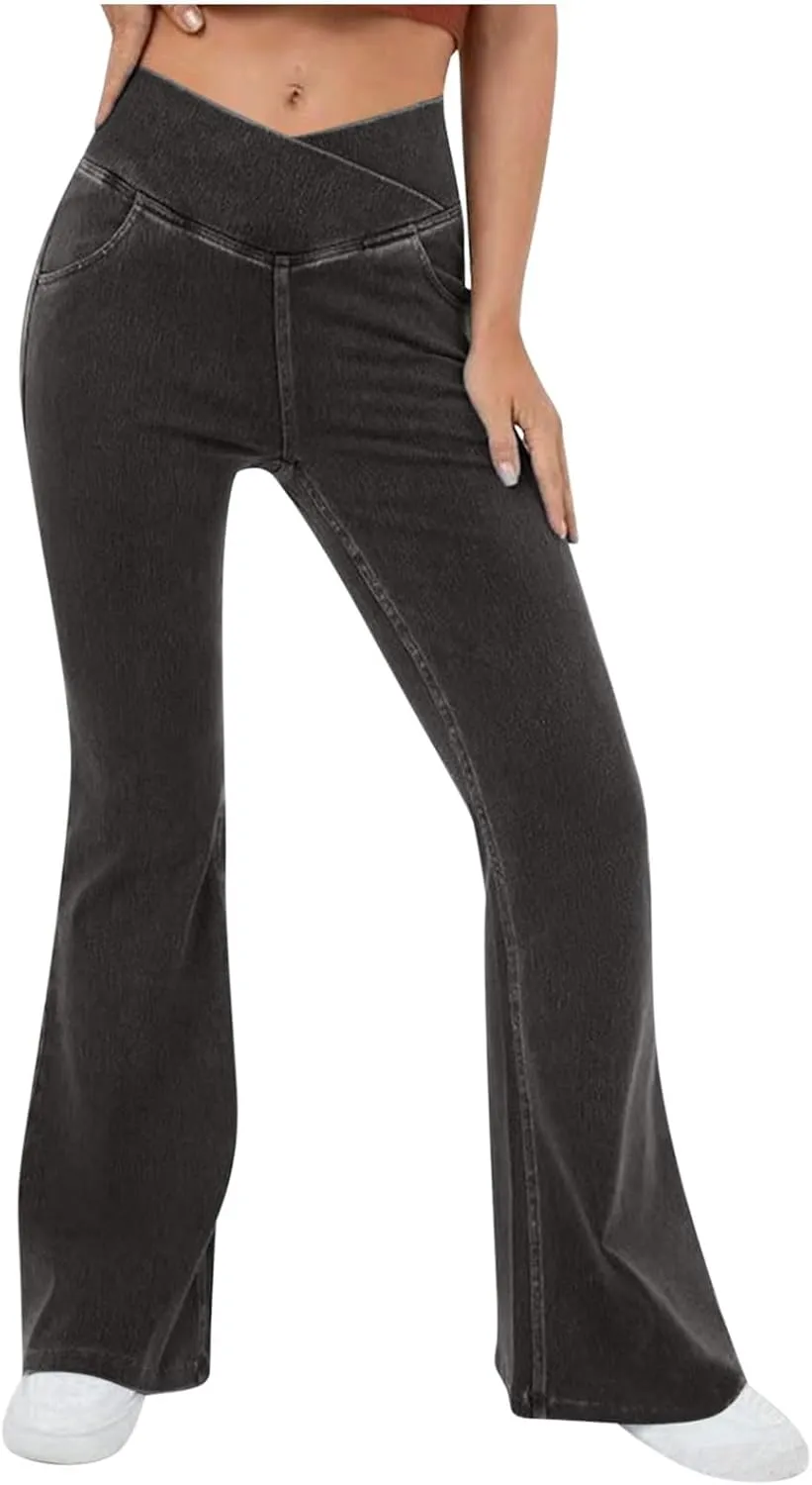 High Waisted Stretchy Flare Jeans for Women Trendy 2024 Bootcut Bell Bottom Jeans V Cross Tummy Control Flare Pants