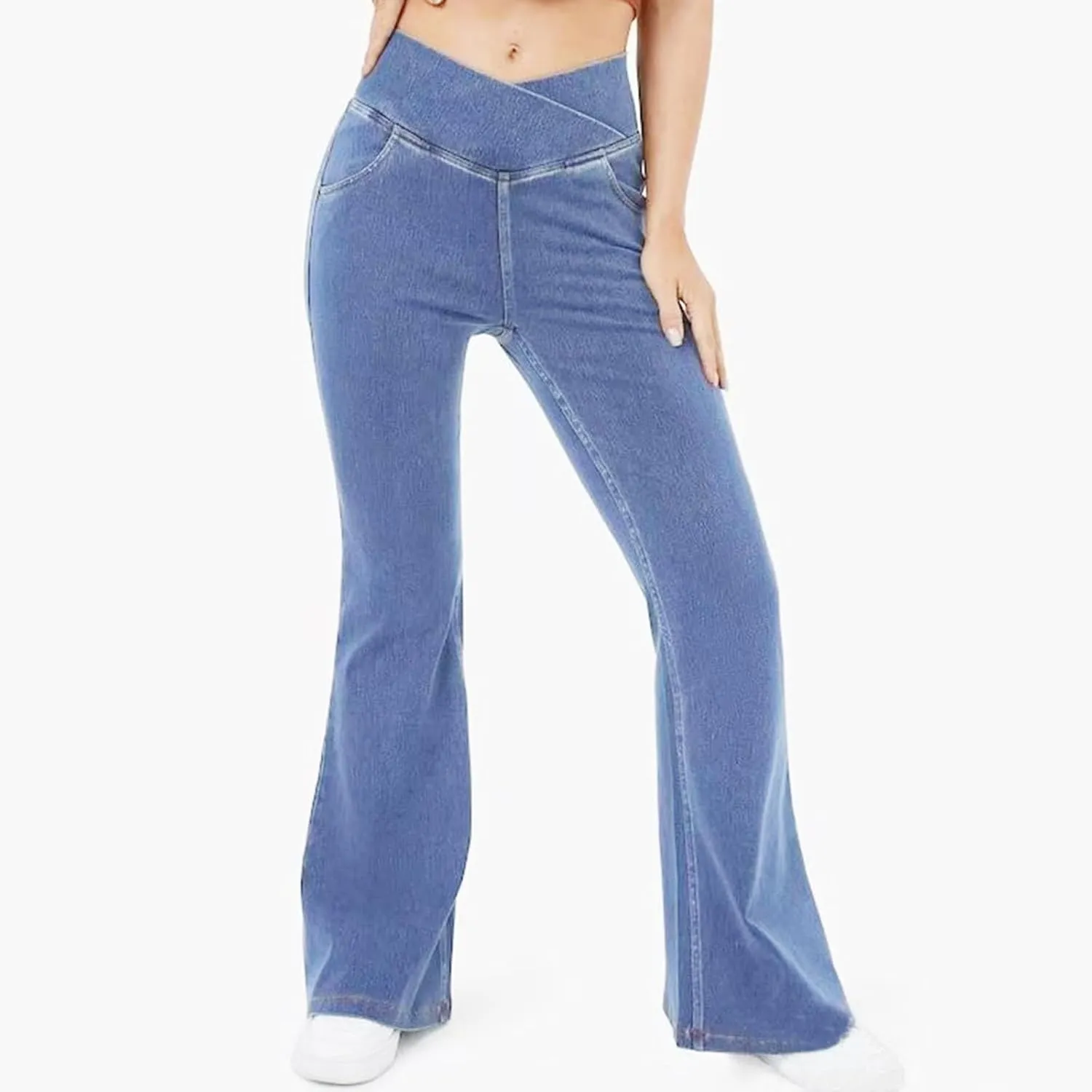 High Waisted Stretchy Flare Jeans for Women Trendy 2024 Bootcut Bell Bottom Jeans V Cross Tummy Control Flare Pants