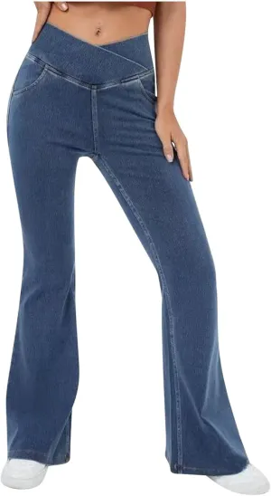 High Waisted Stretchy Flare Jeans for Women Trendy 2024 Bootcut Bell Bottom Jeans V Cross Tummy Control Flare Pants