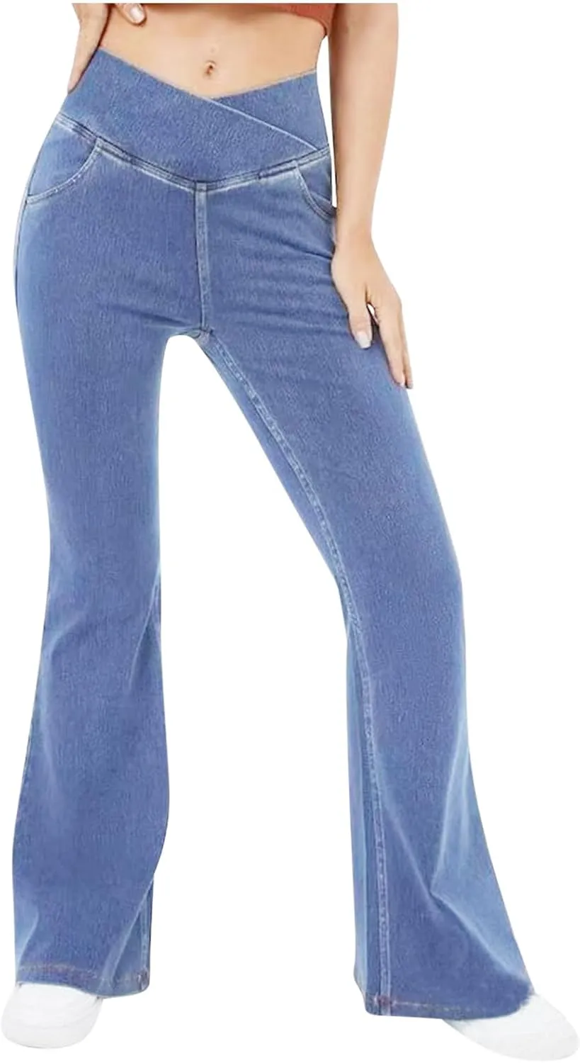 High Waisted Stretchy Flare Jeans for Women Trendy 2024 Bootcut Bell Bottom Jeans V Cross Tummy Control Flare Pants