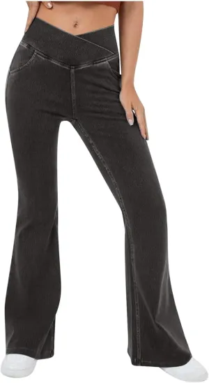High Waisted Stretchy Flare Jeans for Women Trendy 2024 Bootcut Bell Bottom Jeans V Cross Tummy Control Flare Pants