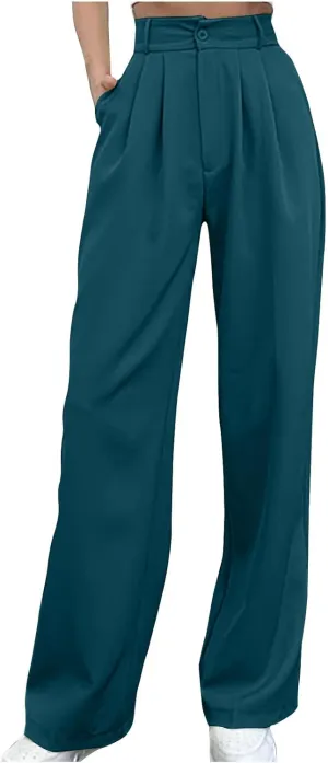 High Waisted Work Pants for Women Business Casual Office Straight Wide Leg Pants Trousers with Pockets 2024 Outfits