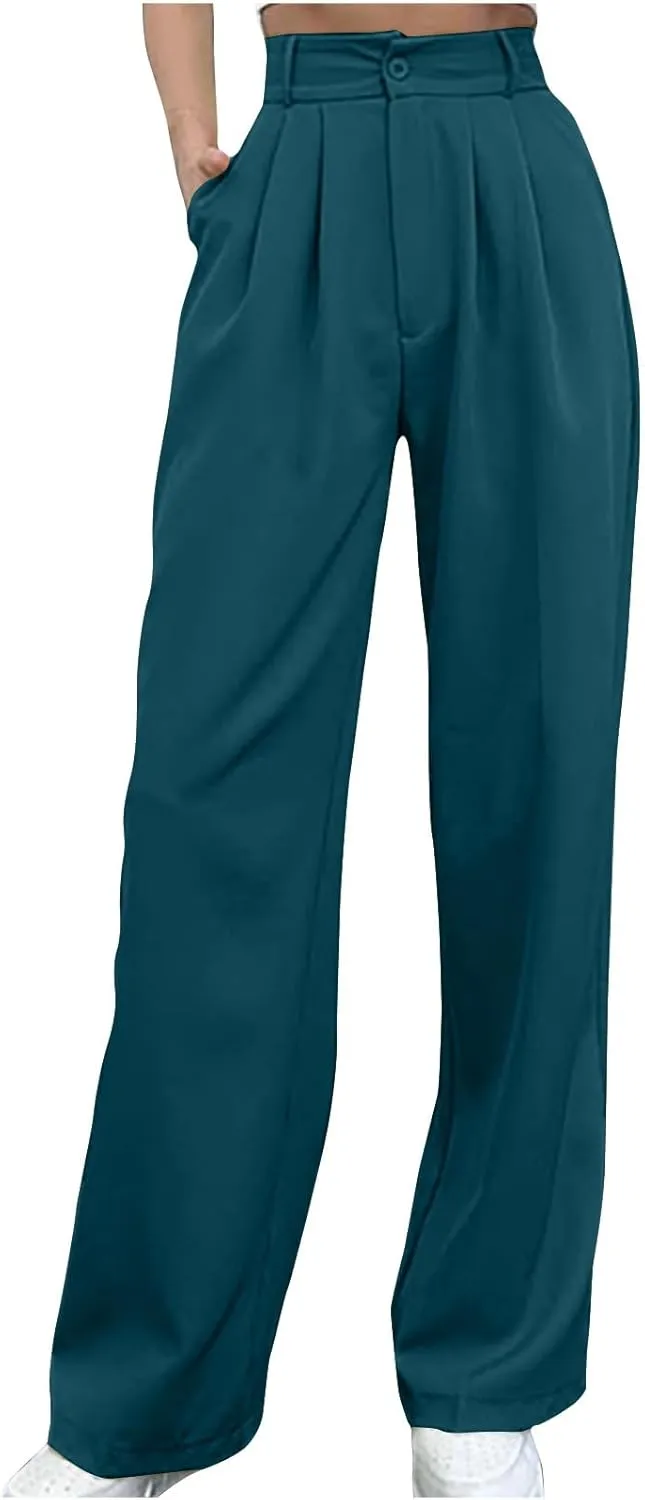 High Waisted Work Pants for Women Business Casual Office Straight Wide Leg Pants Trousers with Pockets 2024 Outfits