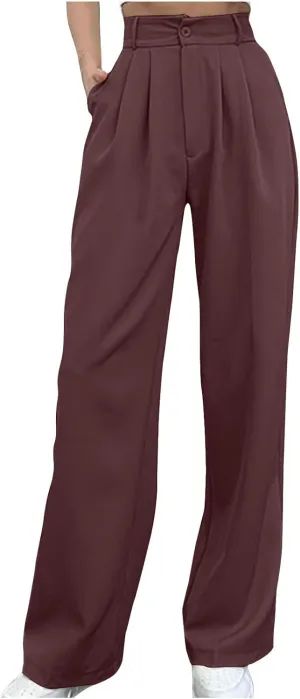 High Waisted Work Pants for Women Business Casual Office Straight Wide Leg Pants Trousers with Pockets 2024 Outfits