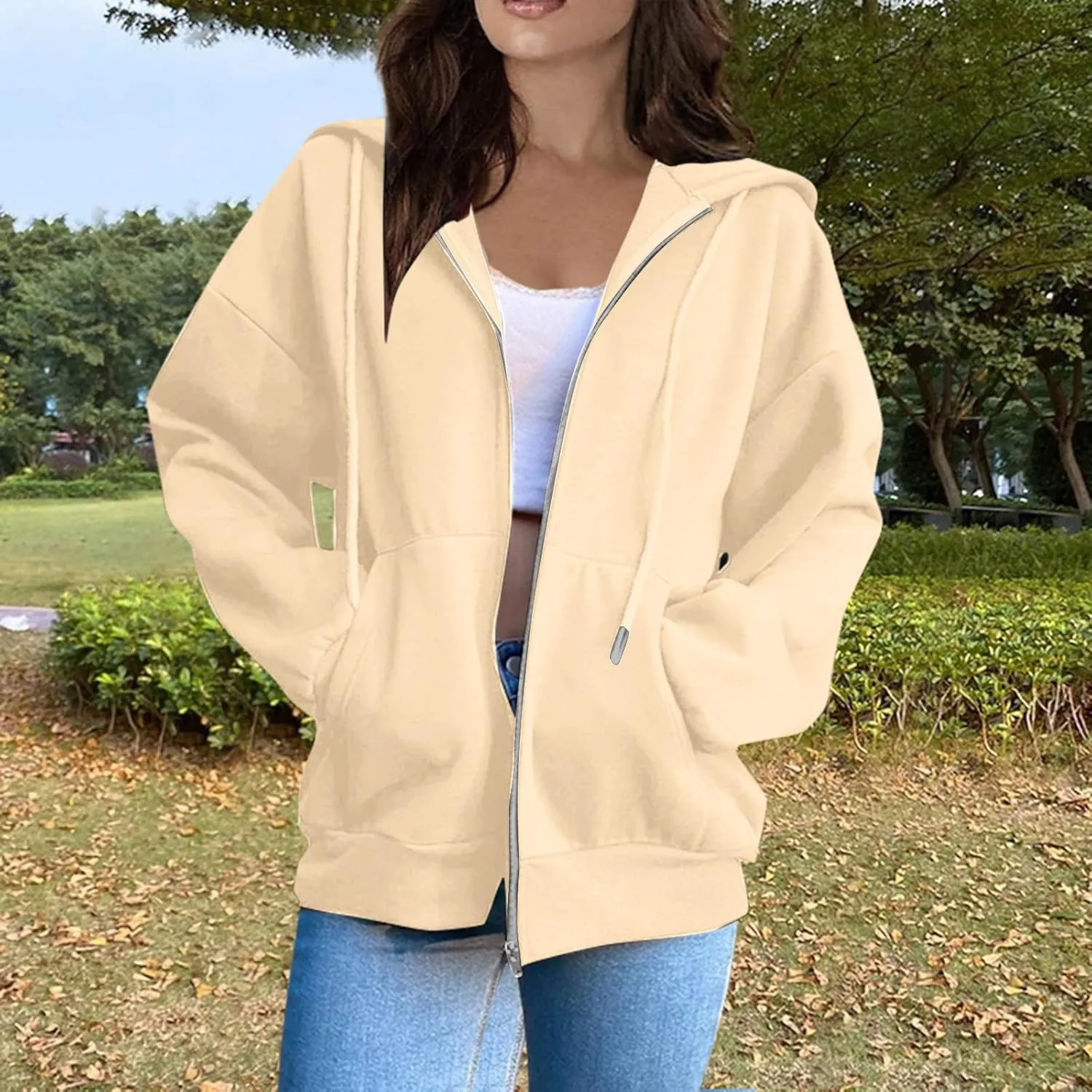 Hoodies For Women Zip Up Hoodie Long Sleeve Solid Jackets Fall Winter Coats Soft Loose Hoodies Outdoor Sweatshirt