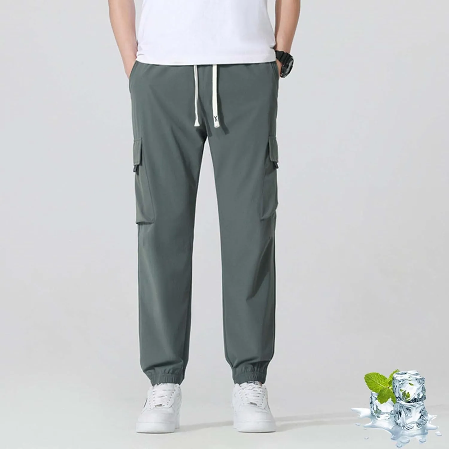 Ice Silk Cargo Pants for Men Active Breathable Cinch Bottom Sports Joggers Training Ultra Stretch Athletic Trousers
