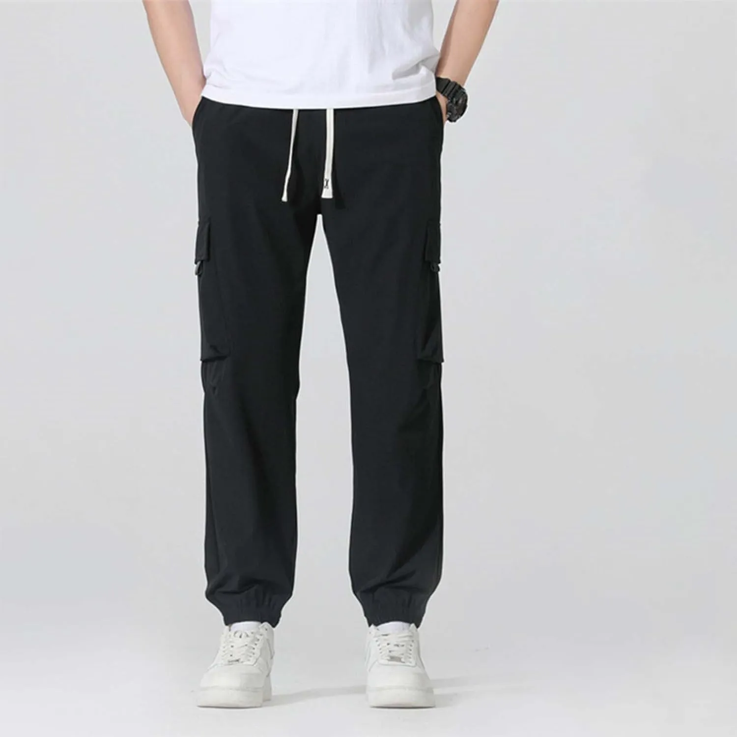 Ice Silk Cargo Pants for Men Active Breathable Cinch Bottom Sports Joggers Training Ultra Stretch Athletic Trousers