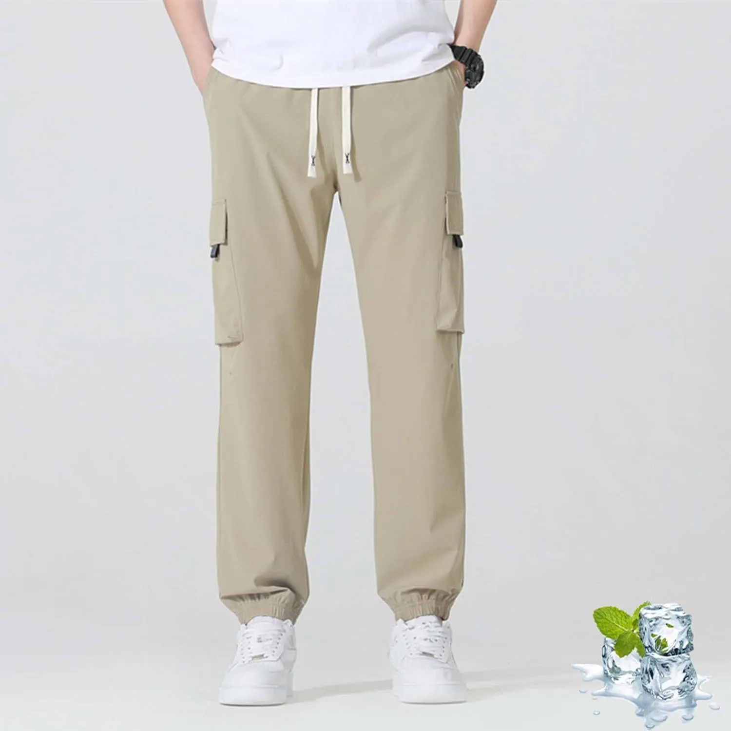 Ice Silk Cargo Pants for Men Active Breathable Cinch Bottom Sports Joggers Training Ultra Stretch Athletic Trousers