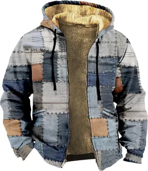 Jackets for Men Vintage Print Zipper Hoodies Sherpa Fleece Lined Long Sleeve Coats Casual Loose Jackets