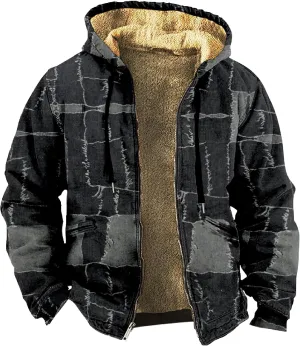 Jackets for Men Vintage Print Zipper Hoodies Sherpa Fleece Lined Long Sleeve Coats Casual Loose Jackets